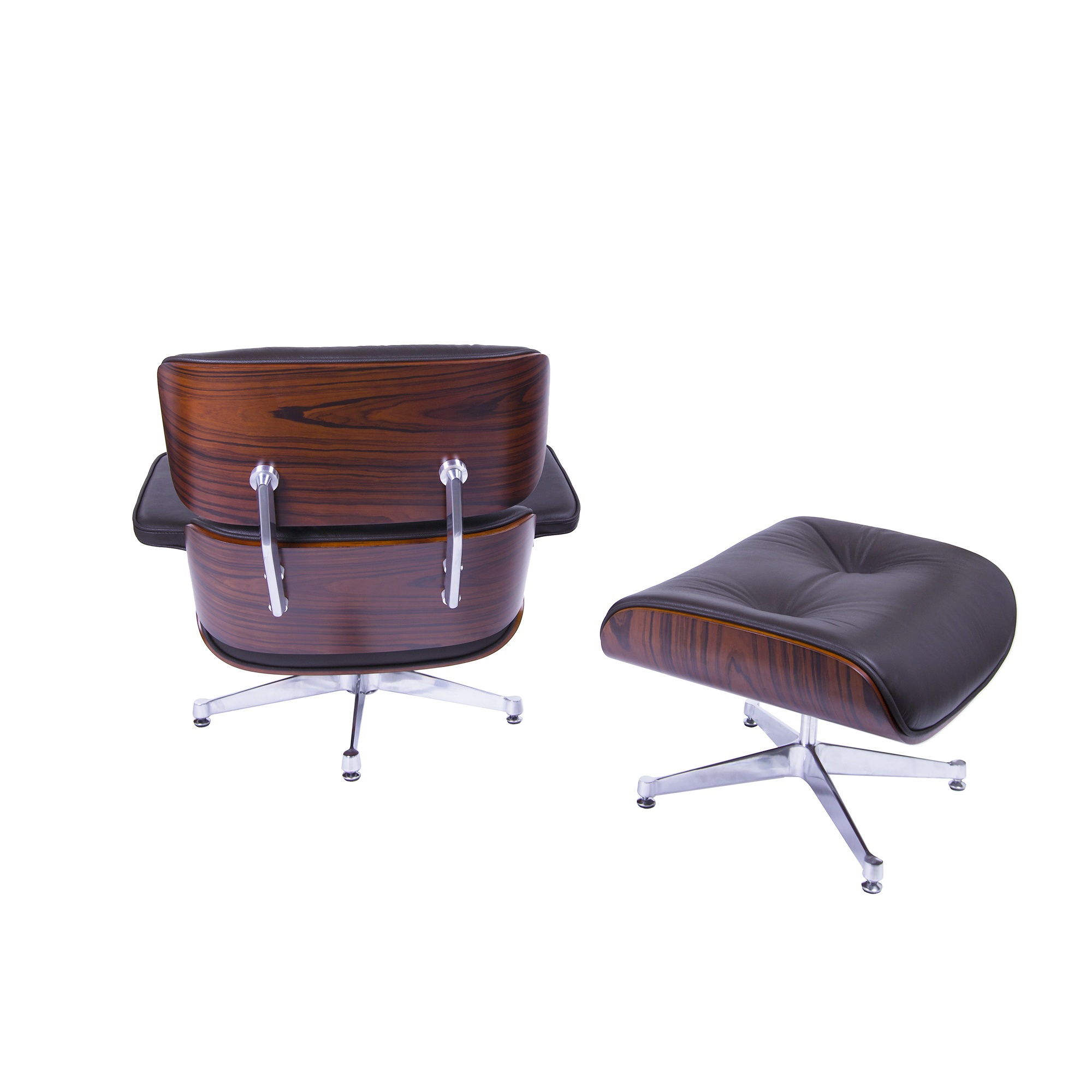 Charles Eames style, Lounge stoel met Hocker EA670 XL bruin Rosewood Gepolijste voet