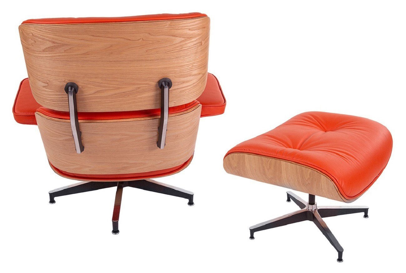 Charles Eames style, Lounge stoel met Hocker EA670 SPECIAL EDITION rood essenhout Zwarte base